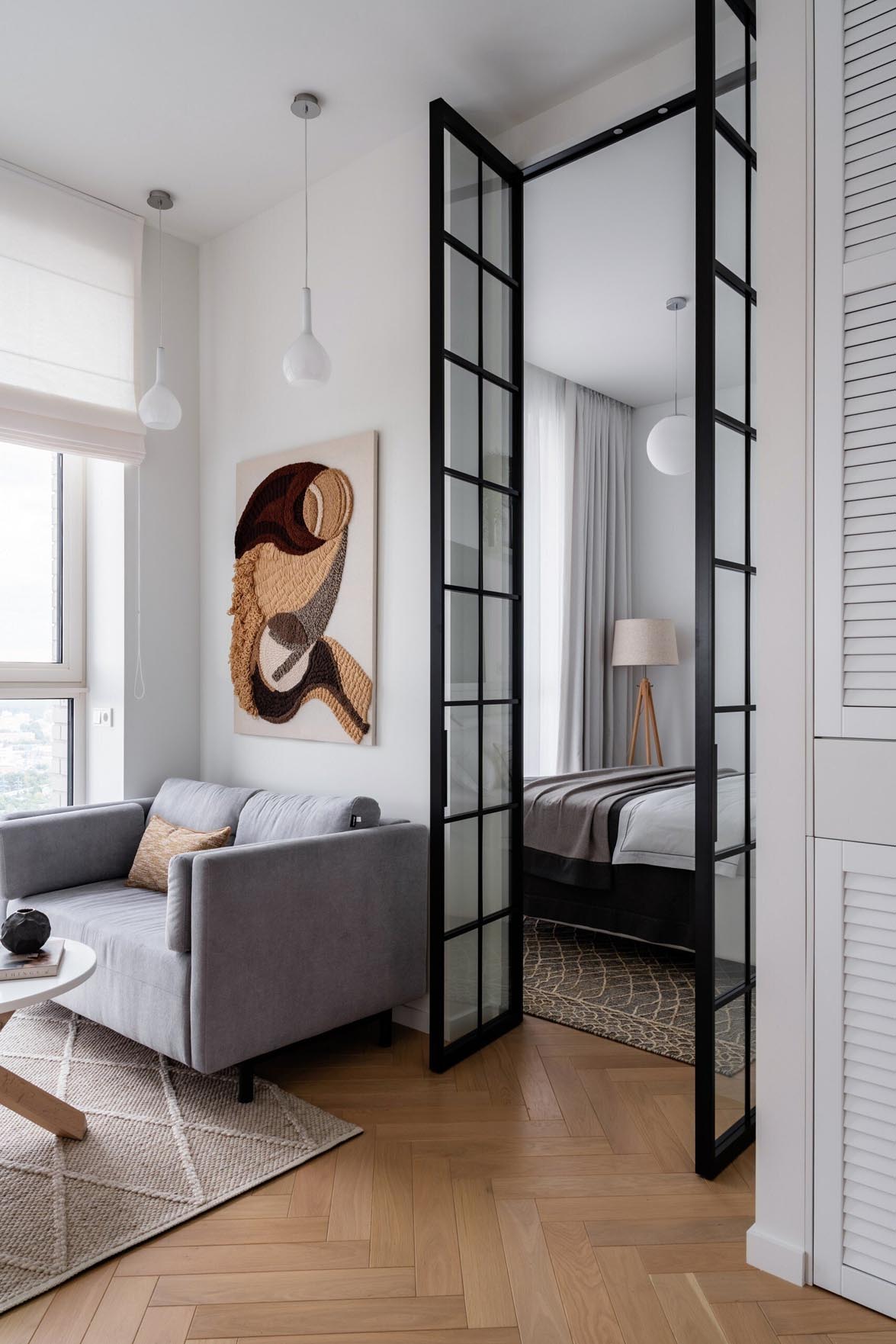 Fehér, szürke és fekete harmóniája 40 m2-es lakásban Fehér, szürke és fekete harmóniája 40 m2-es lakásban