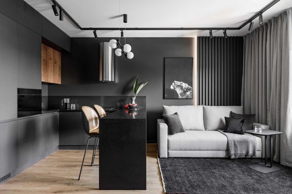 Grafitszürke és betonhatású dekorvakolat: férfias minimalista otthon