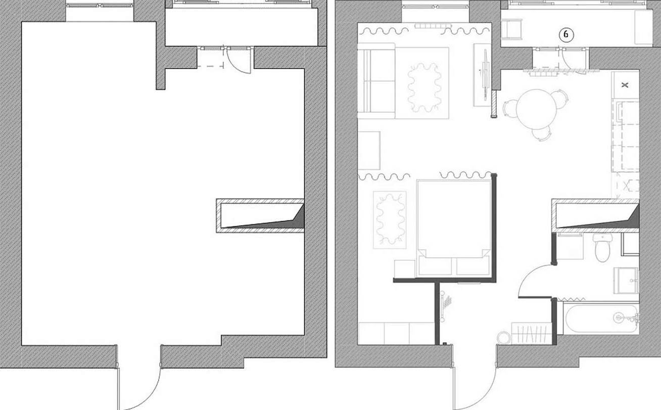 Hálószoba mögé rejtett gardróbhelyiség és tágasság 39 m2-es lakásban Hálószoba mögé rejtett gardróbhelyiség és tágasság 39 m2-es lakásban