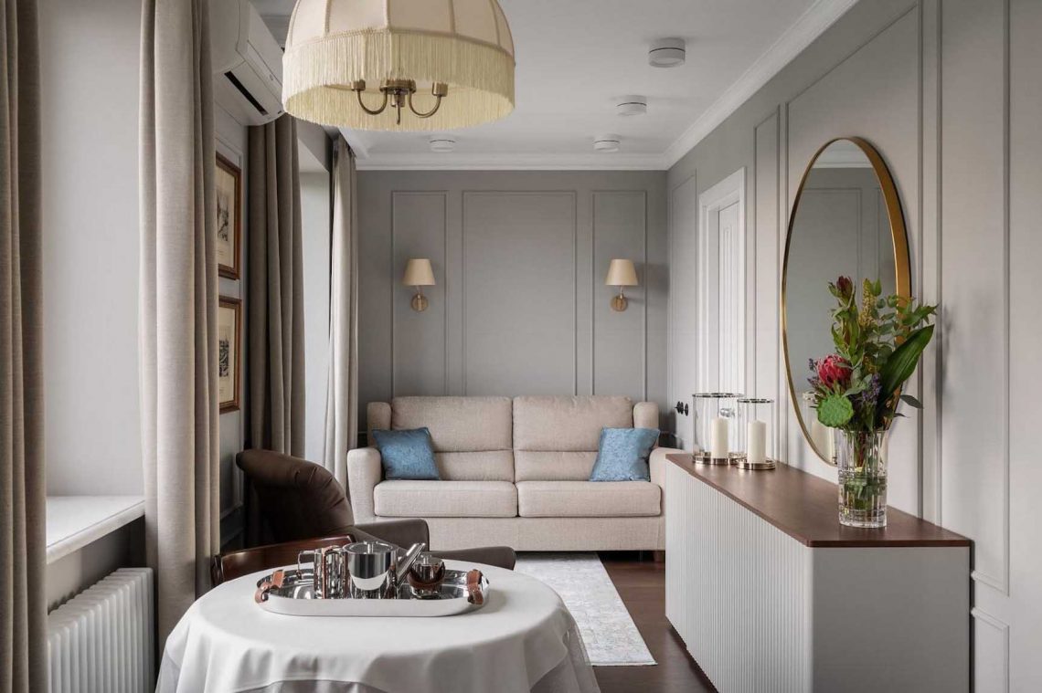 Időtlen elegancia férfi 48 m2-es lakásában: meleg szürke-bézs árnyalatok