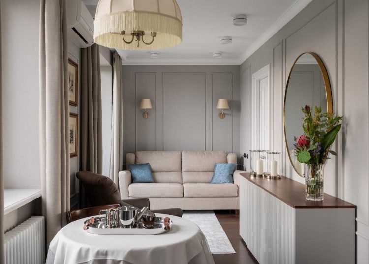 Időtlen elegancia férfi 48 m2-es lakásában: meleg szürke-bézs árnyalatok