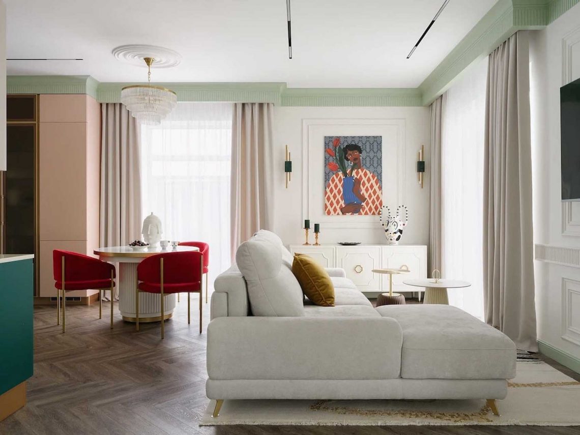 Pasztell harmónia: színekkel élénkített modern klasszikus berendezés családi házban