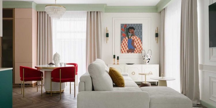 Pasztell harmónia: színekkel élénkített modern klasszikus berendezés családi házban