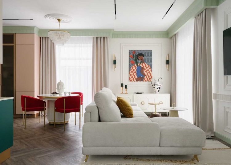 Pasztell harmónia: színekkel élénkített modern klasszikus berendezés családi házban
