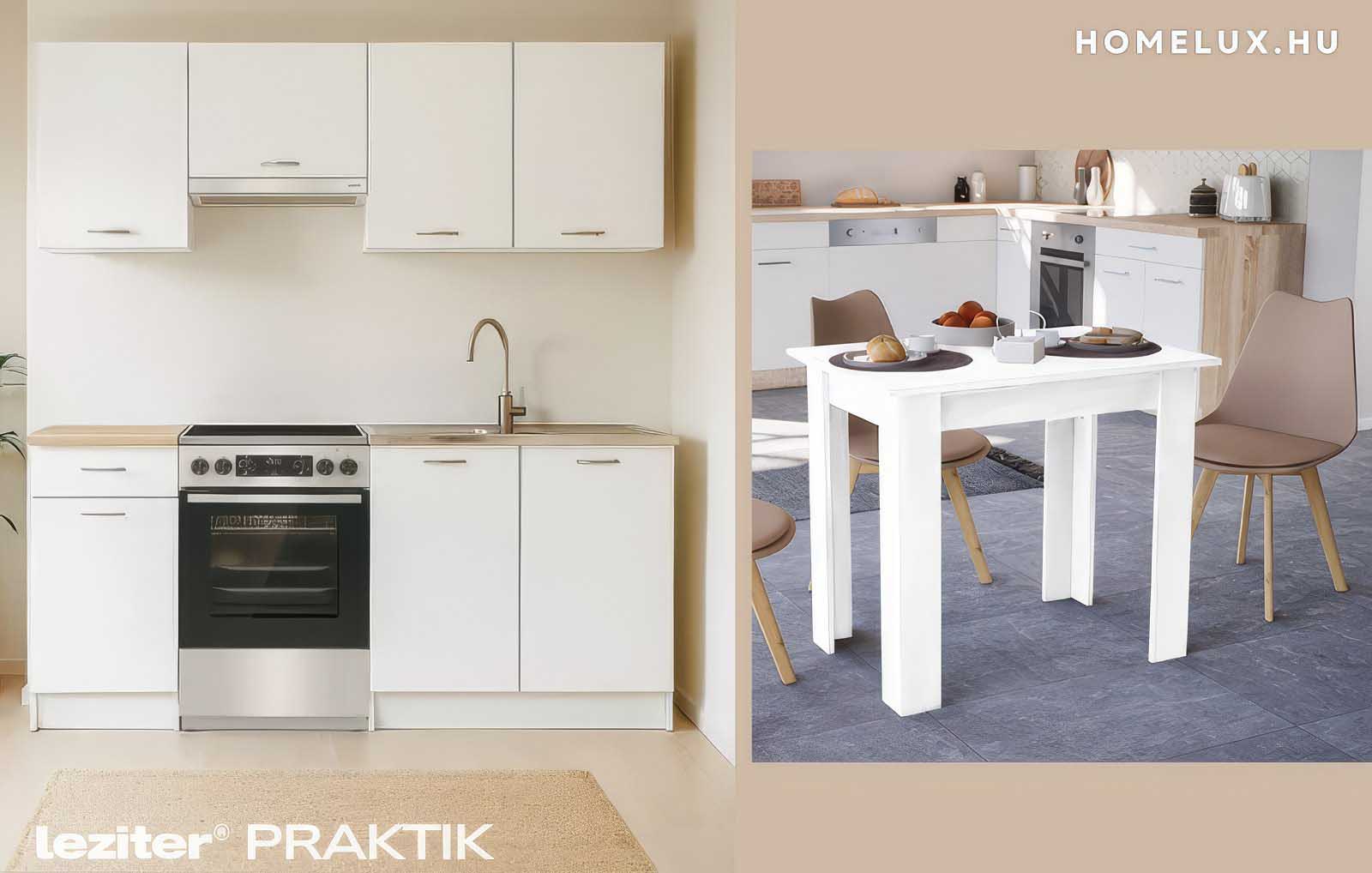 A Homelux kínálatában a Leziter márka Praktik és a Primo konyhabútorai előre összeállított egységek