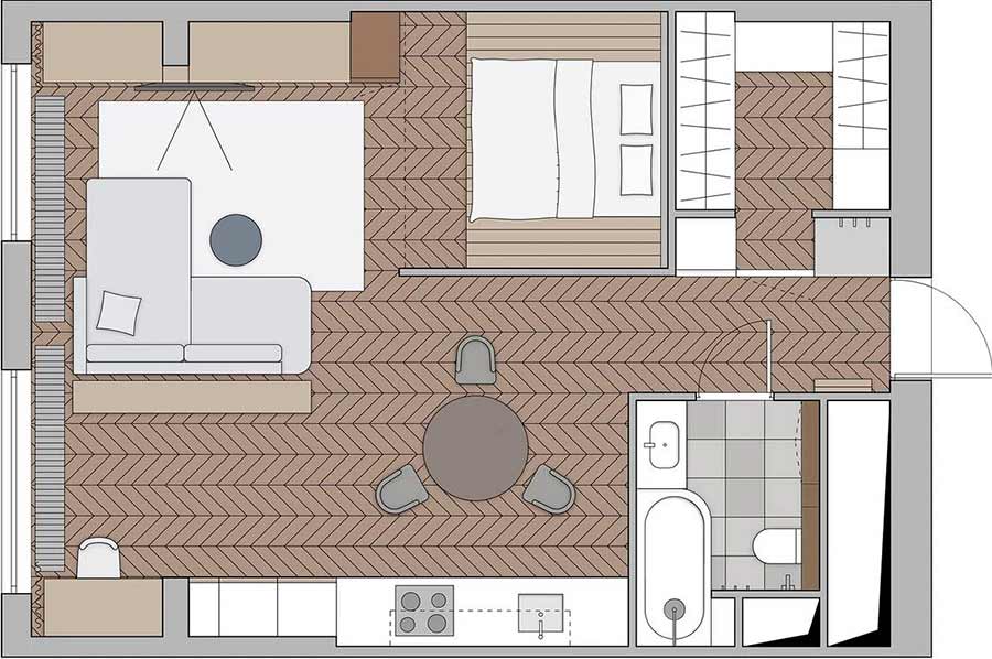 Rejtett gardróbhelyiség és nyitott, minimalista tér