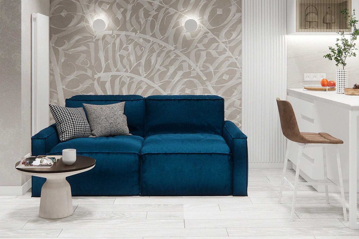 Modern otthon semleges színpalettával és tengerkék kiegészítőkkel