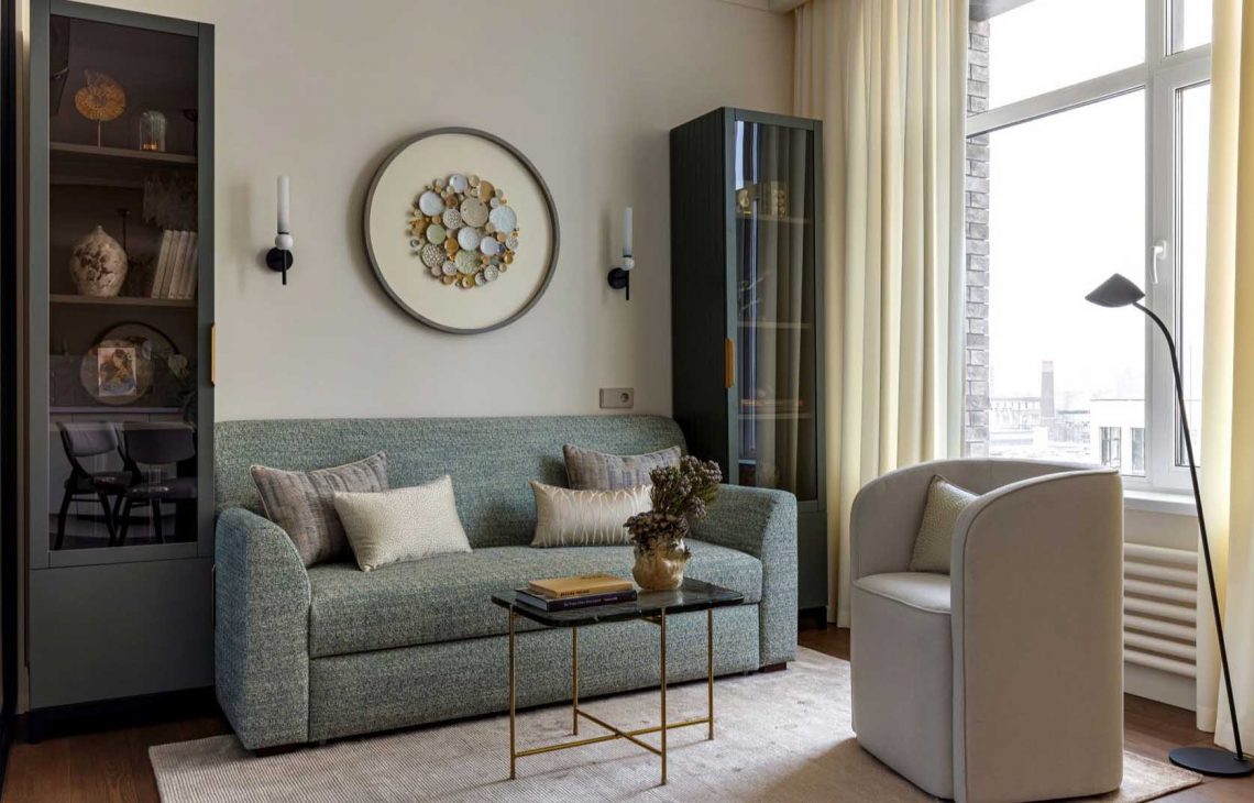 Különleges konyha, kék és bézs árnyalatok 39 m2-en