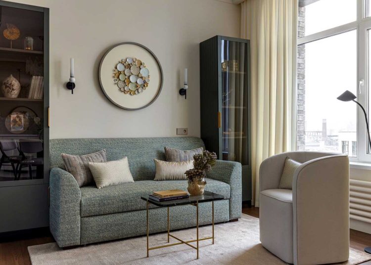 Különleges konyha, kék és bézs árnyalatok 39 m2-en