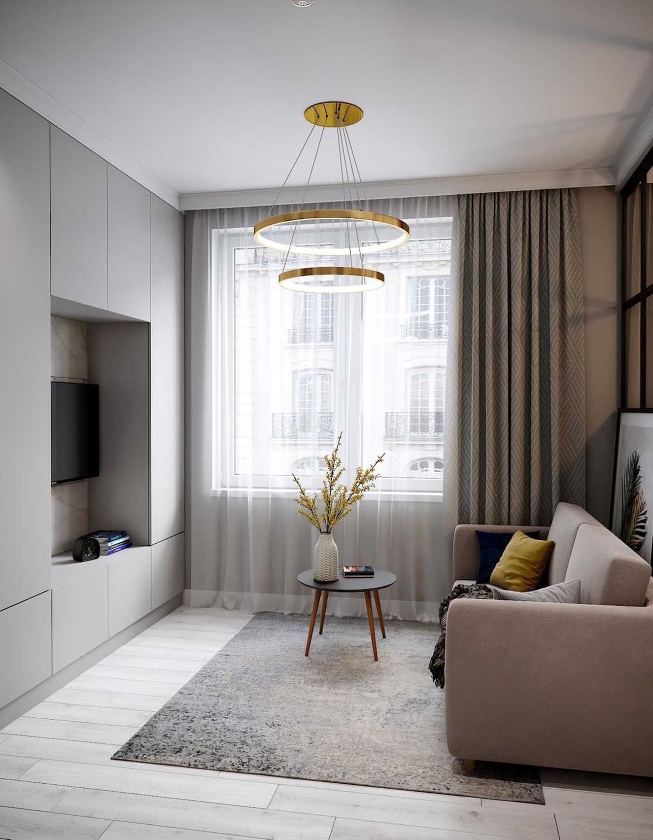 Zónák falak nélkül egy praktikus és esztétikus kis lakásban