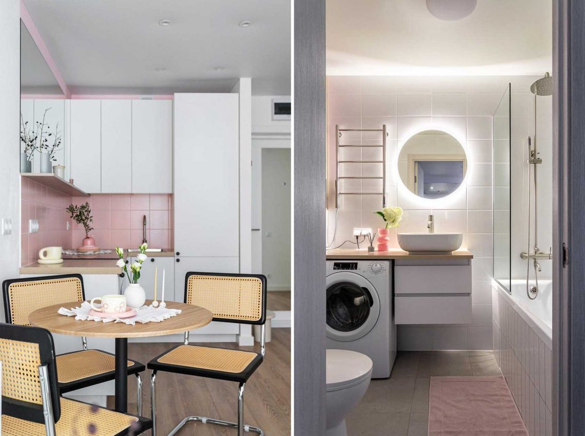 Fehér skandináv minimalizmus rózsaszín dekorációval, 32 m2