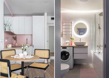 Fehér skandináv minimalizmus rózsaszín dekorációval, 32 m2