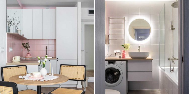 Fehér skandináv minimalizmus rózsaszín dekorációval, 32 m2