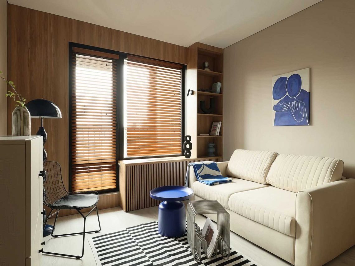 Kis garzonlakás, karakteres bézs enteriőr 24 m2-en