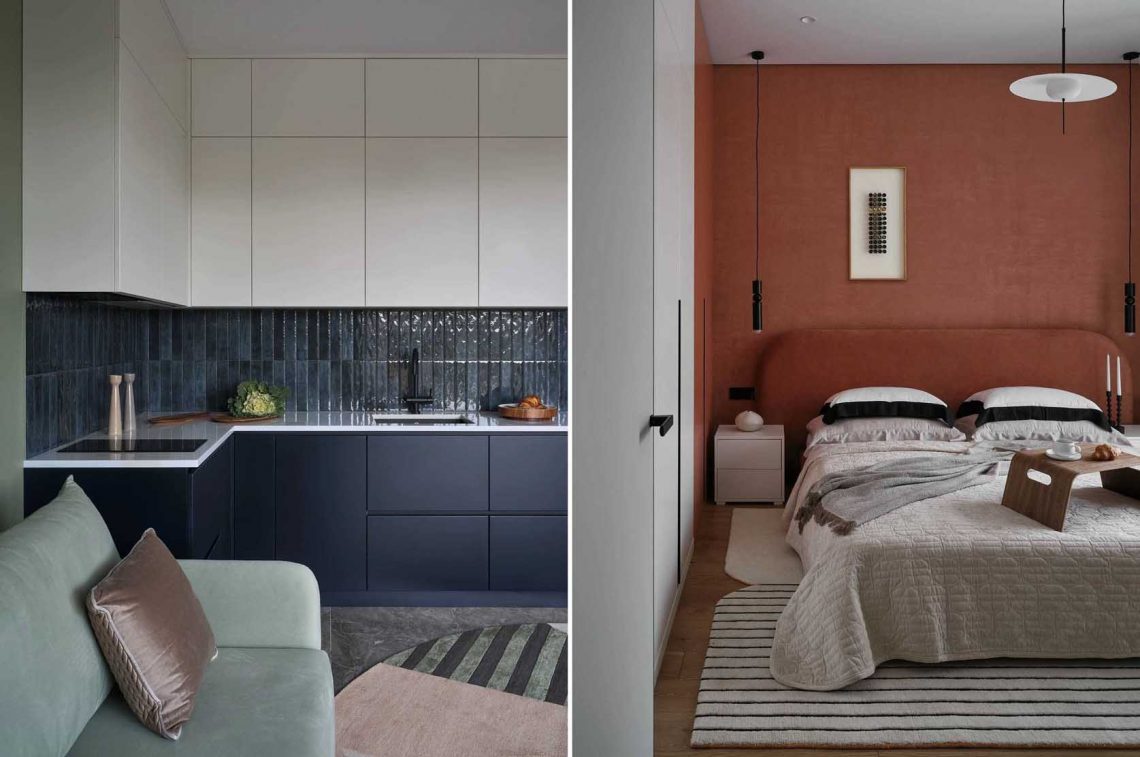 Kislakás zsályazöld kék és terrakotta színekkel