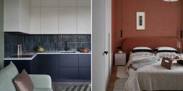 Kislakás zsályazöld kék és terrakotta színekkel