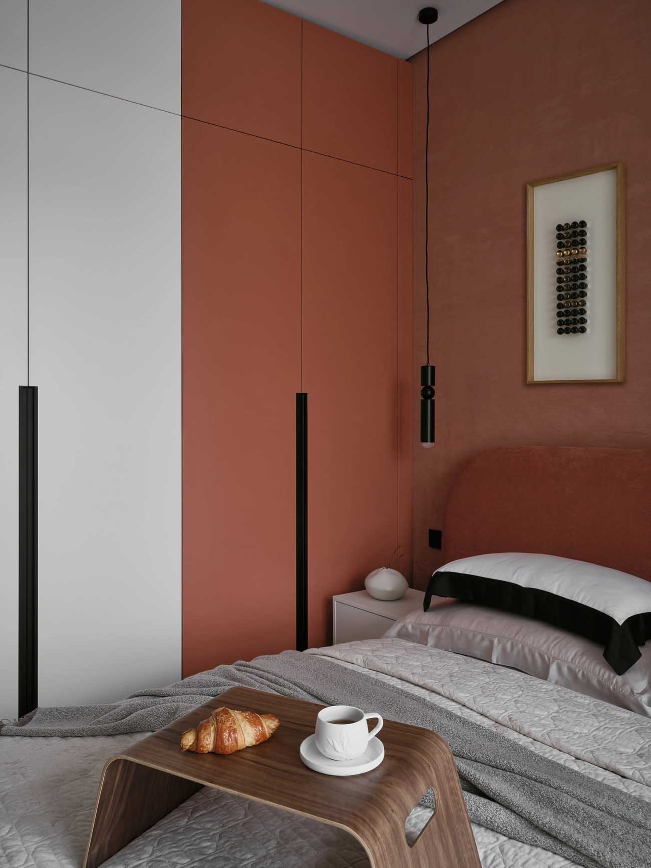 Kislakás zsályazöld kék és terrakotta színekkel Kislakás zsályazöld kék és terrakotta színekkel