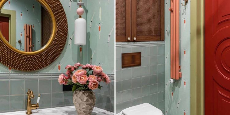 Fürdőszoba design: meleg színek, természetes anyagok, tapéta