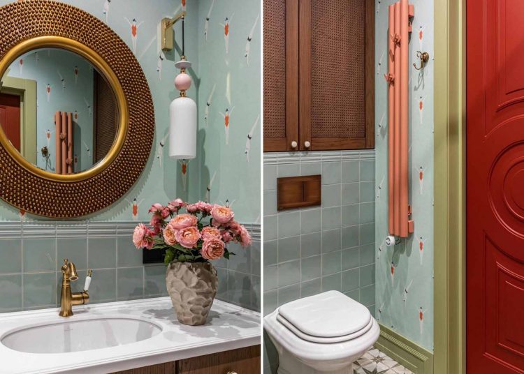 Fürdőszoba design: meleg színek, természetes anyagok, tapéta