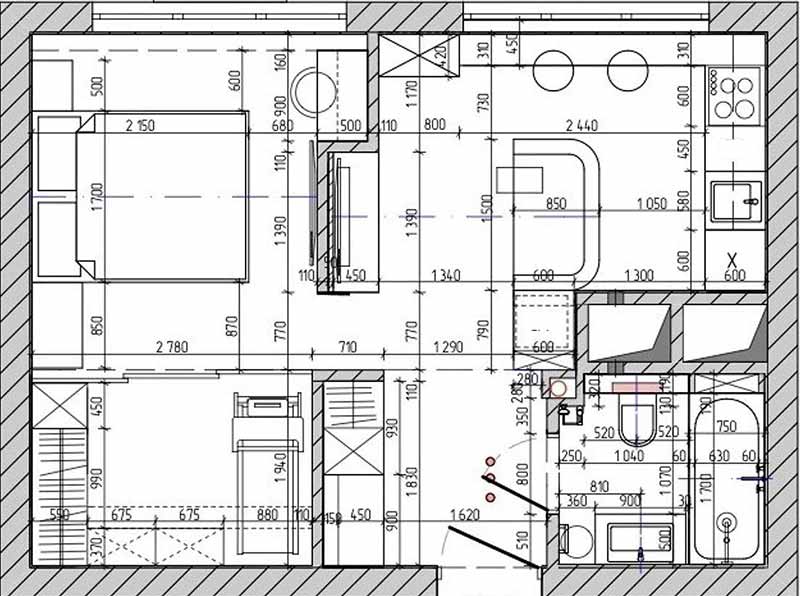 Nyugodt, minimalista berendezés egyszobás lakásban
