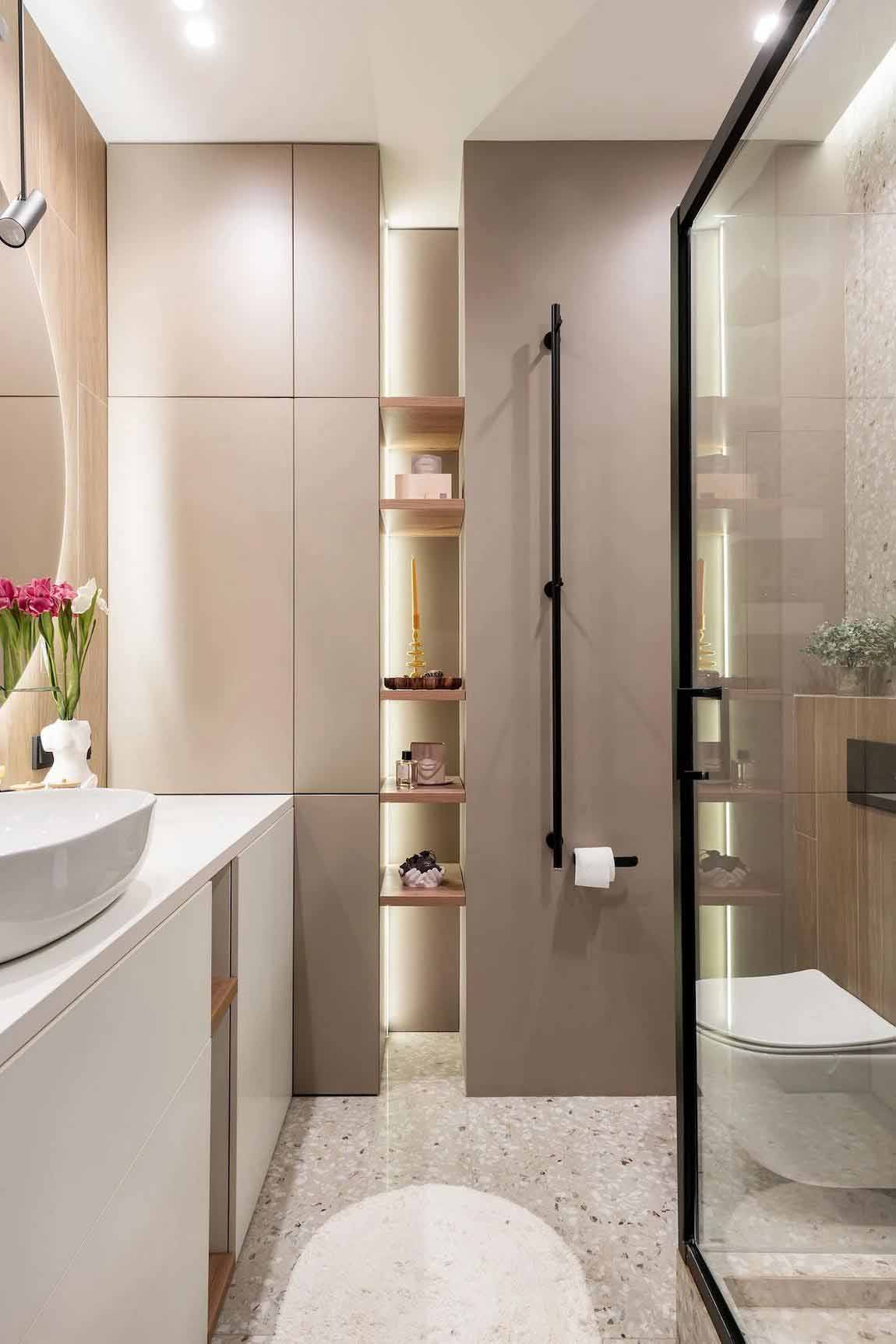 Púderes terrakotta, fa és fehér, minimalista stílus 40 m2-en