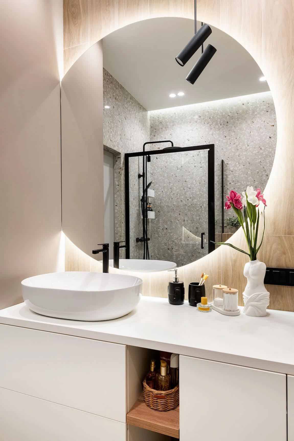 Púderes terrakotta, fa és fehér, minimalista stílus 40 m2-en