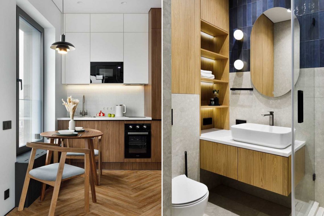 Új építésű kislakás üvegfallal zónázva