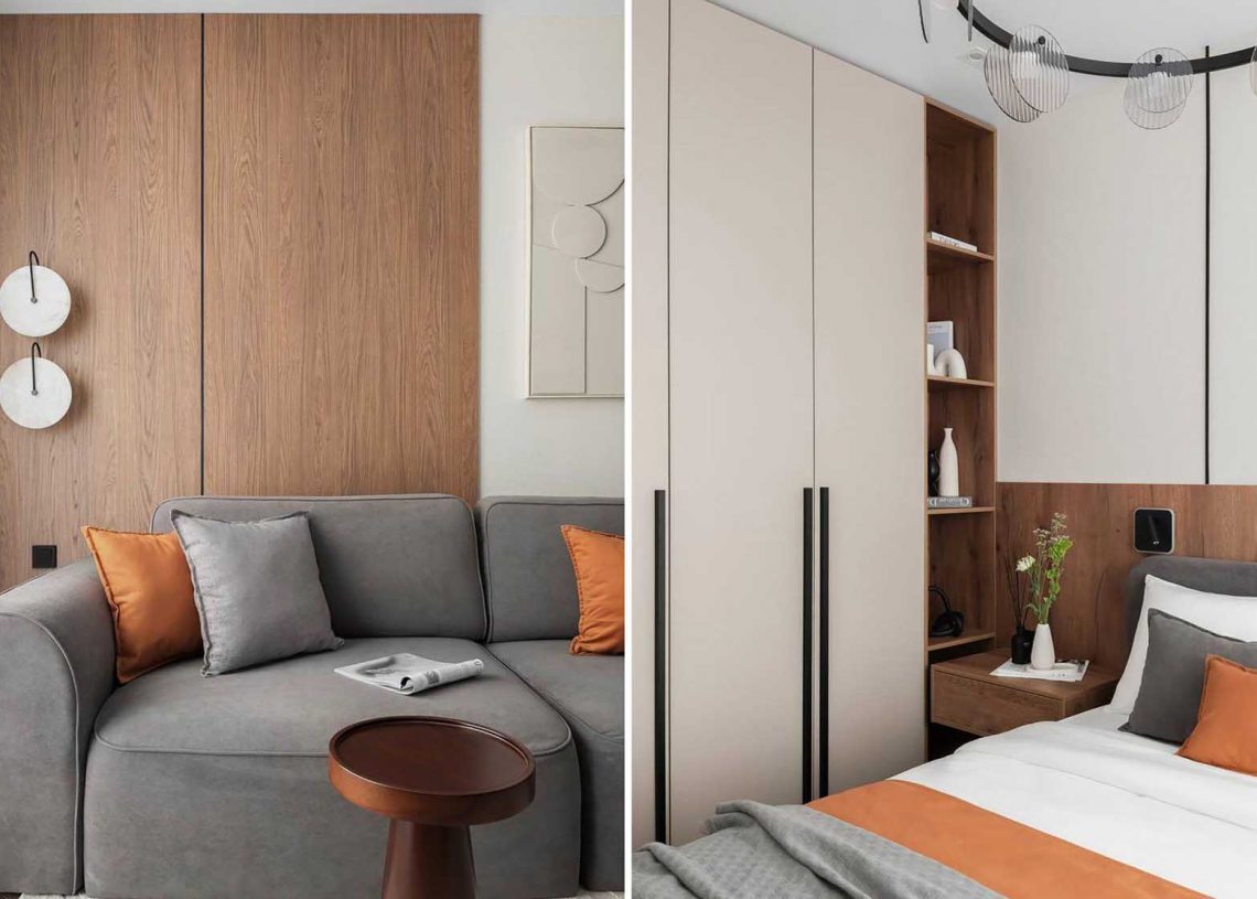 Világos bézs és meleg fa textúrák, függőleges vonalak 49 m2-en