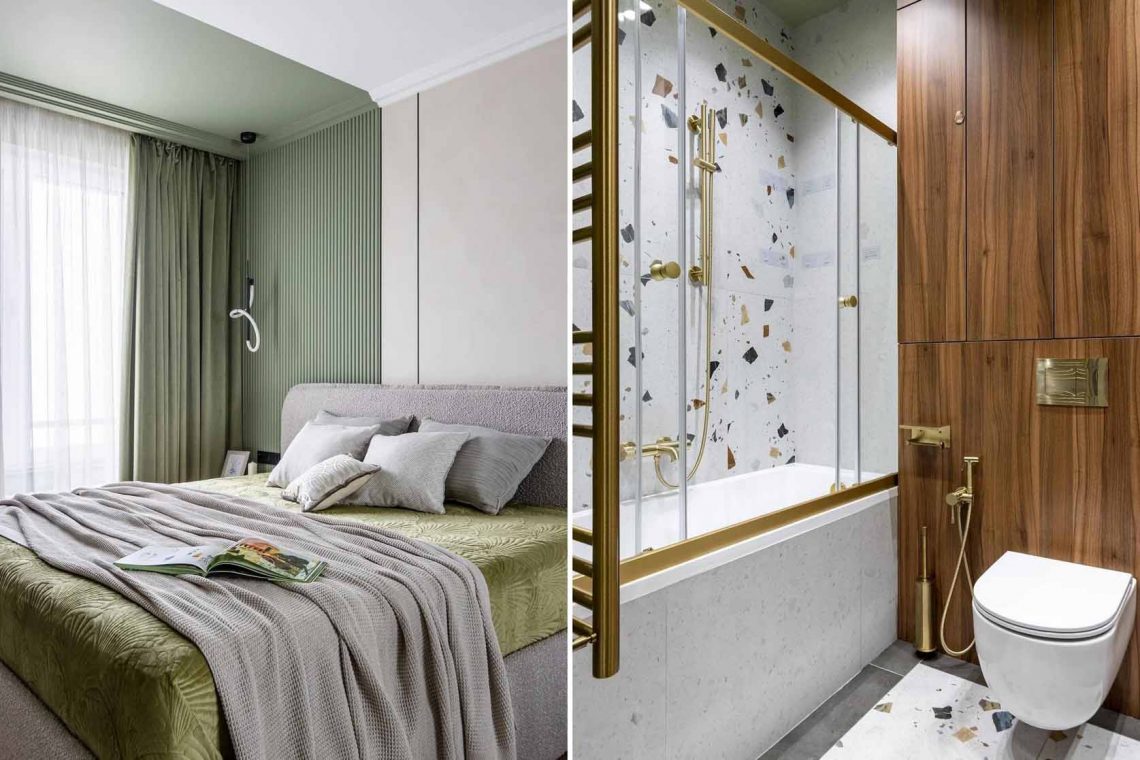 Sötét diófa, vidám terrazzo minta, zöld és bézs dekoráció 46 m2-en