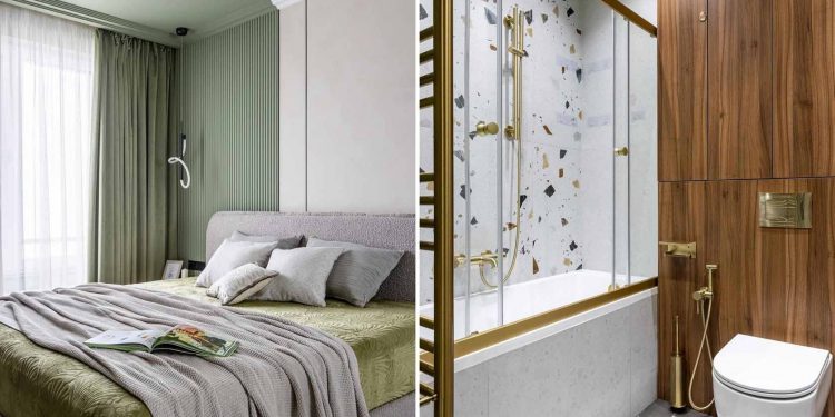 Sötét diófa, vidám terrazzo minta, zöld és bézs dekoráció 46 m2-en