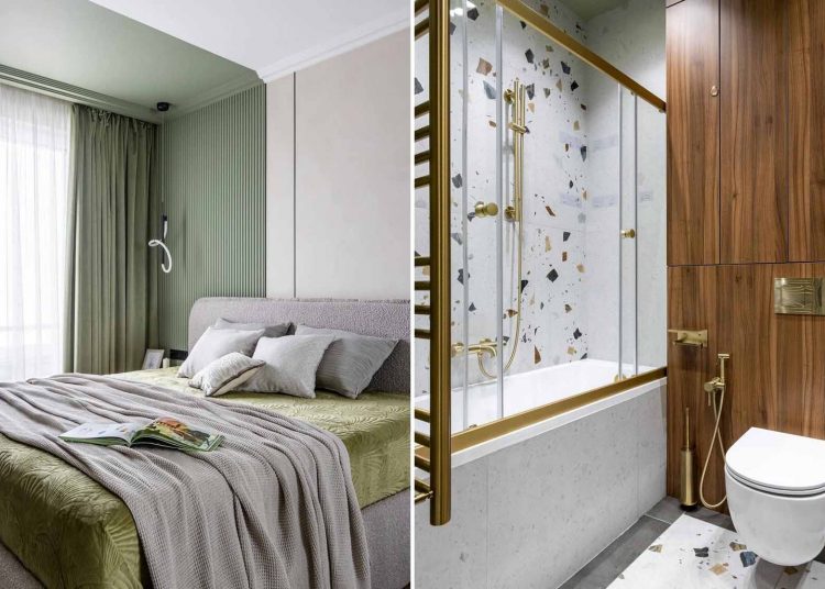 Sötét diófa, vidám terrazzo minta, zöld és bézs dekoráció 46 m2-en