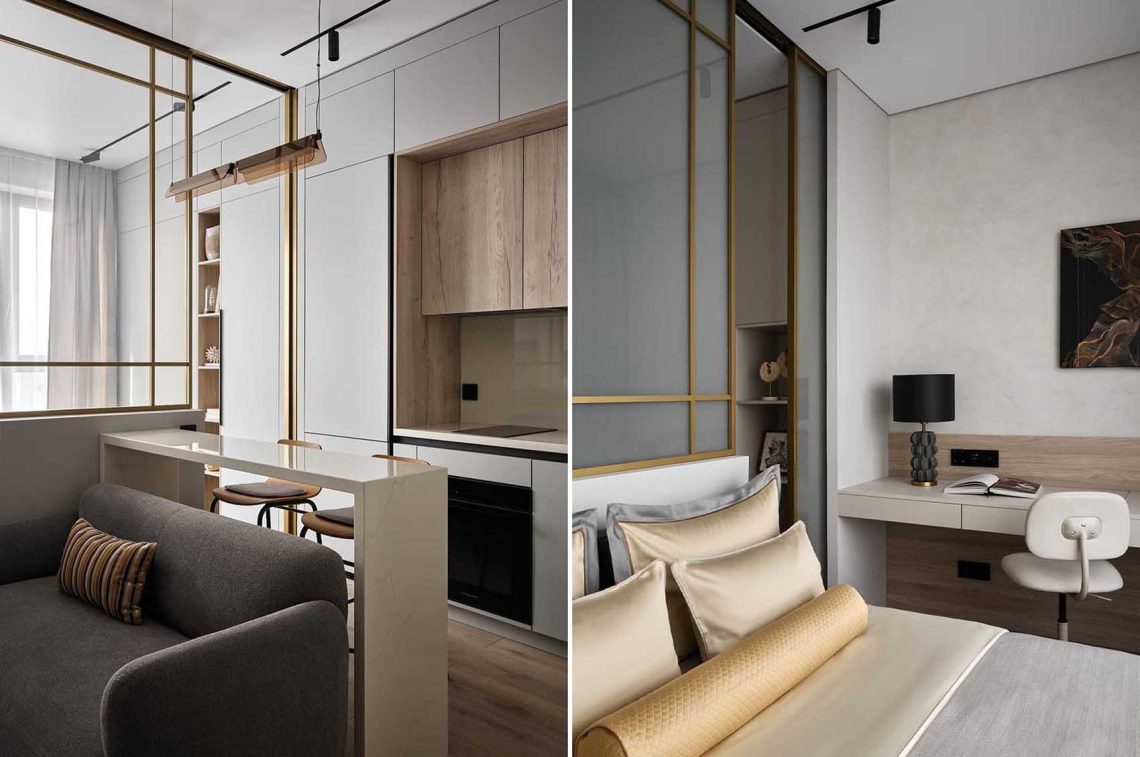 Intelligens üveg térelválasztó egy kényelmes hotelszoba stílusában berendezett kislakásban