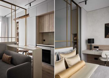 Intelligens üveg térelválasztó egy kényelmes hotelszoba stílusában berendezett kislakásban