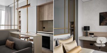 Intelligens üveg térelválasztó egy kényelmes hotelszoba stílusában berendezett kislakásban