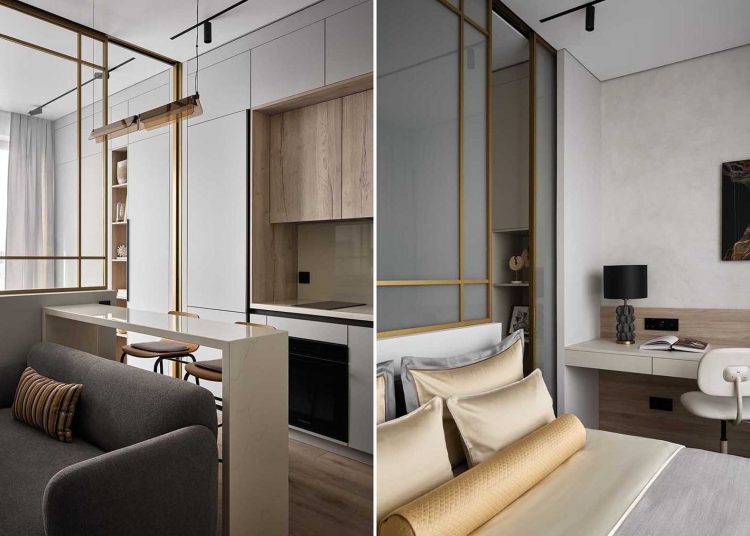 Intelligens üveg térelválasztó egy kényelmes hotelszoba stílusában berendezett kislakásban