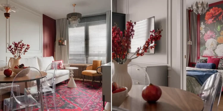 Merész borvörös klasszikus alapokon, virágos tapéta, 32 m2