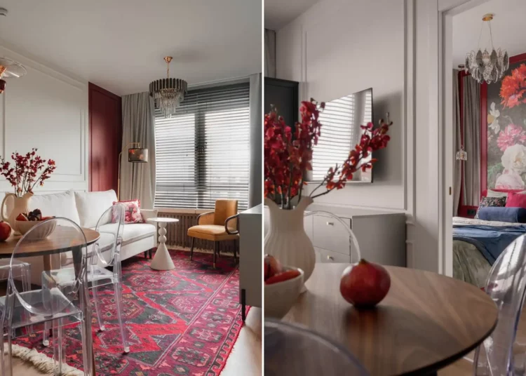 Merész borvörös klasszikus alapokon, virágos tapéta, 32 m2