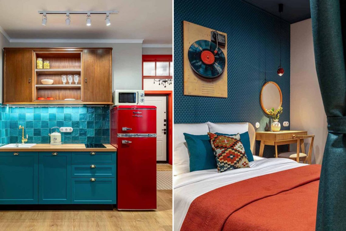 Filmes díszleteket idéző kislakás berendezés, színes retró hangulat 36 m2-en