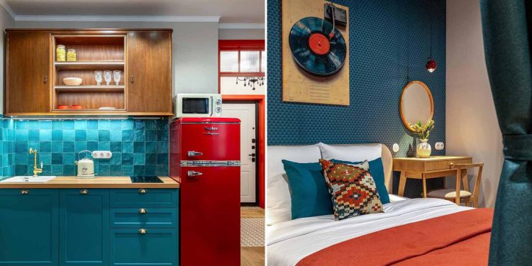 Filmes díszleteket idéző kislakás berendezés, színes retró hangulat 36 m2-en