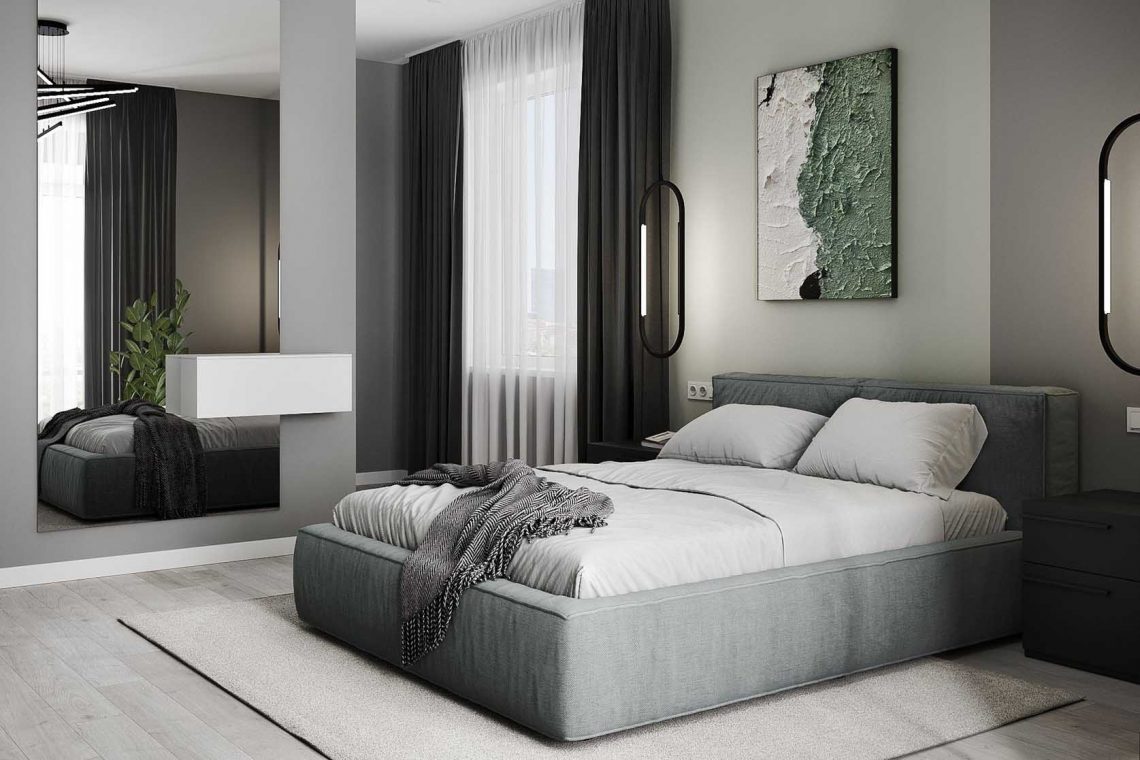 Anya és fia kétszobás otthona divatos olívazöld színnel