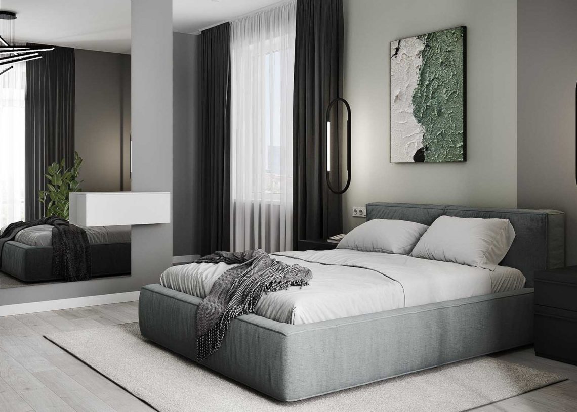 Anya és fia kétszobás otthona divatos olívazöld színnel