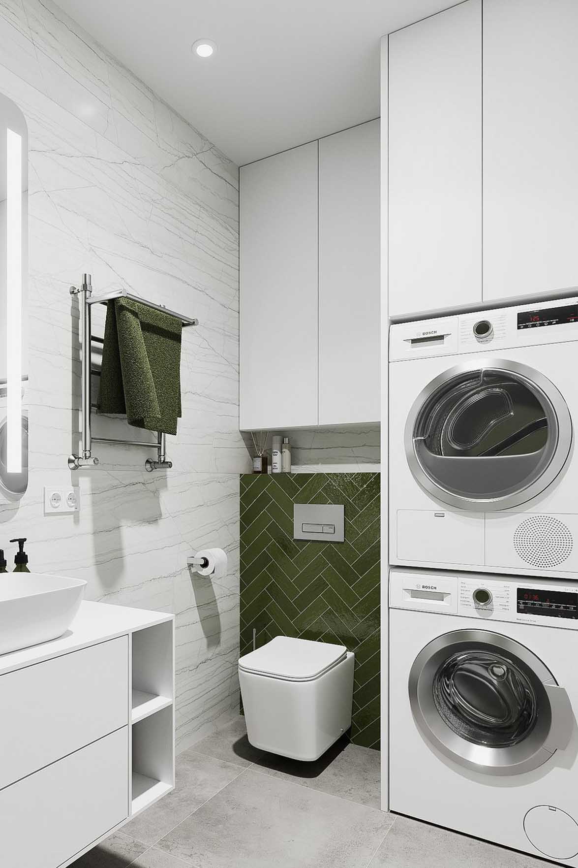 Anya és fia kétszobás otthona divatos olívazöld színnel