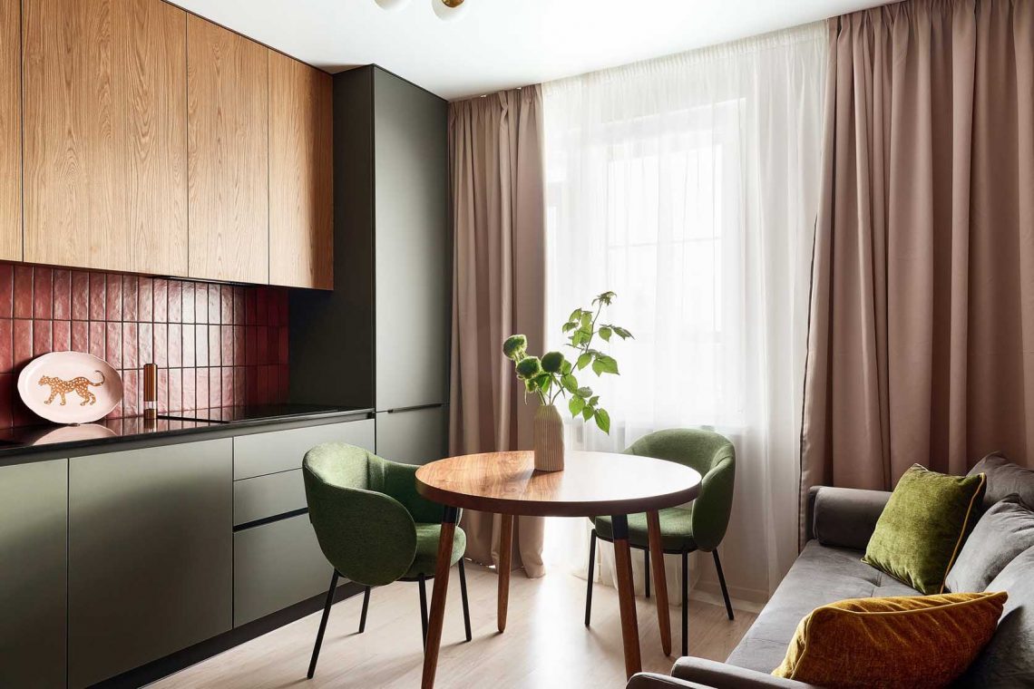 Dopamin dekor, konyha nappali funkcióval 44 m2-es lakásban
