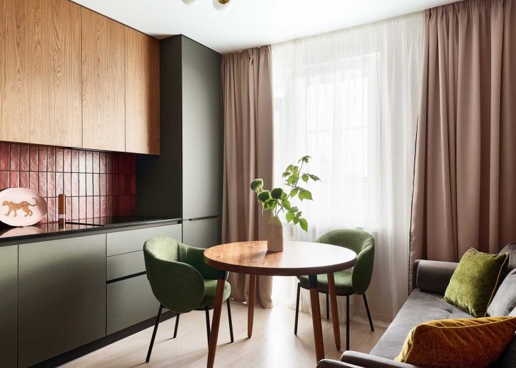 Dopamin dekor, konyha nappali funkcióval 44 m2-es lakásban