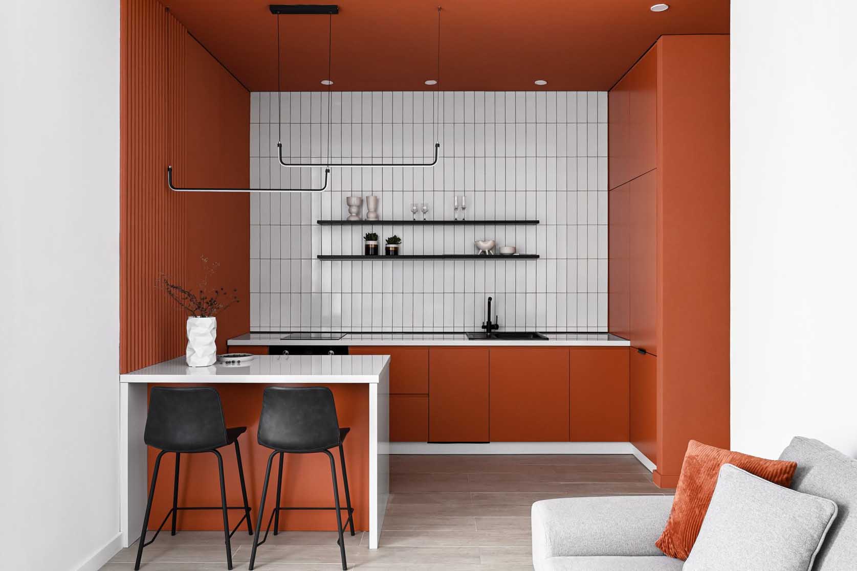 Vagány narancs konyha és minimalizmus 50 m2-en Vagány narancs konyha és minimalizmus 50 m2-en