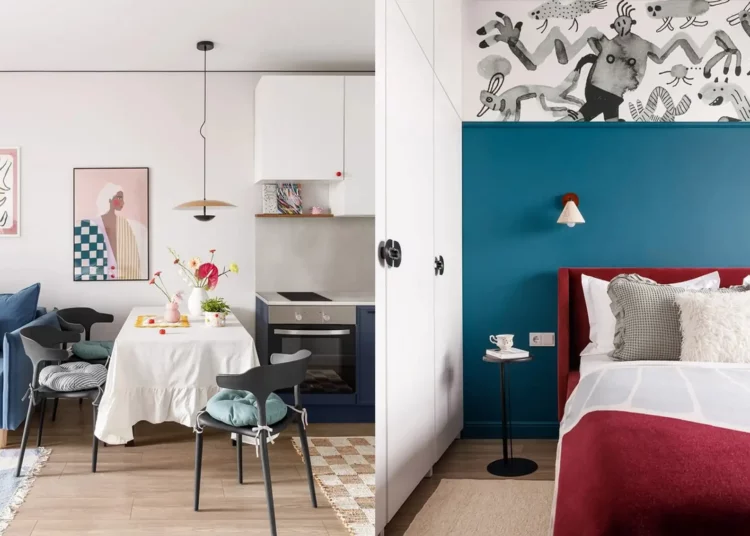 Bátor színblokkok, grafikus és ironikus részletek 42 m2-en