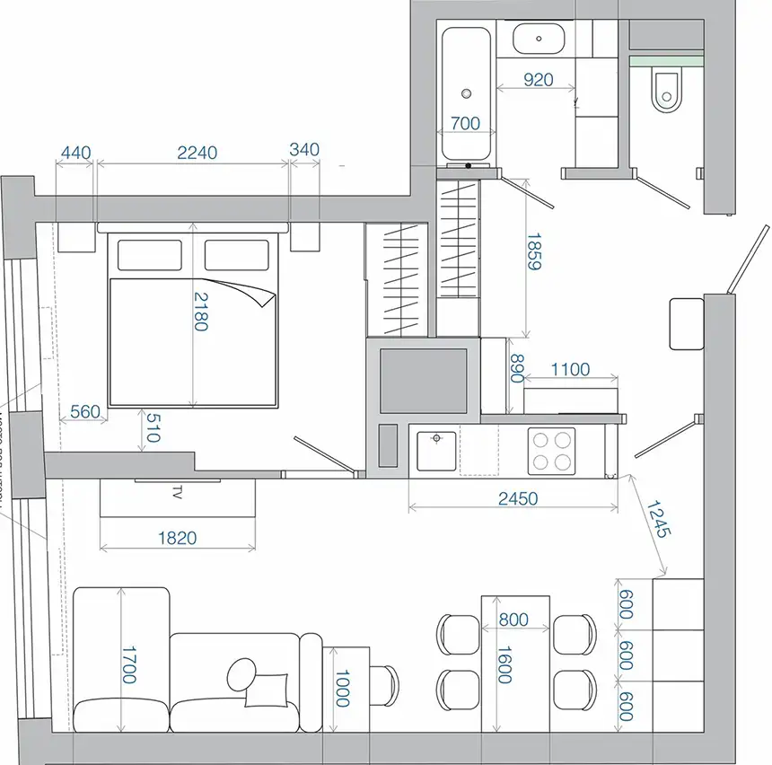Amerikai konyhás lakás átalakítása fiatal nőnek, 51 m2