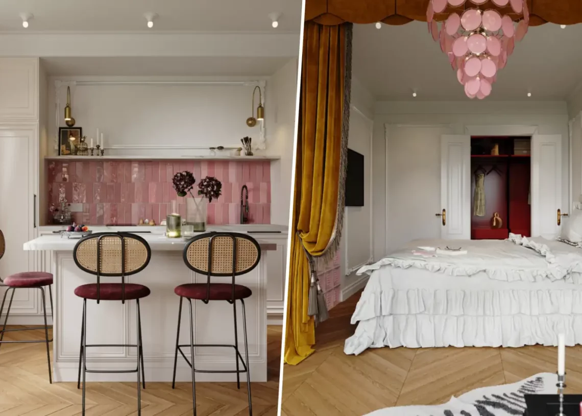 Színes kis garzon: konyhasziget, álkandalló és gardrób, 34 m2