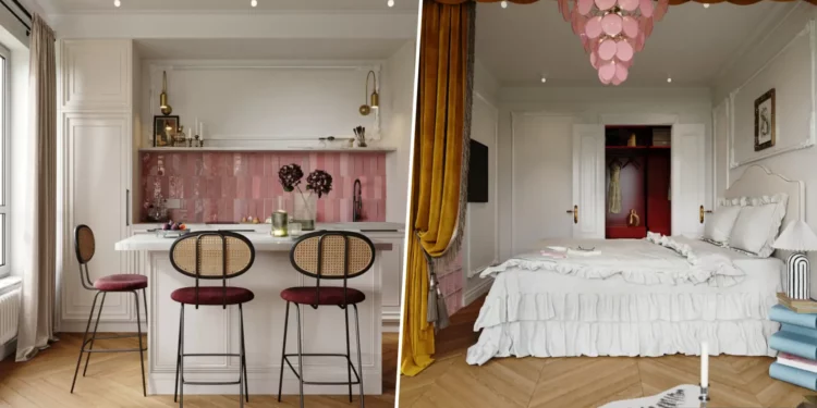 Színes kis garzon: konyhasziget, álkandalló és gardrób, 34 m2