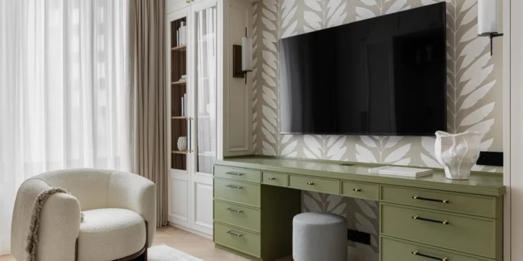 Modern nappali zöld íróasztal.